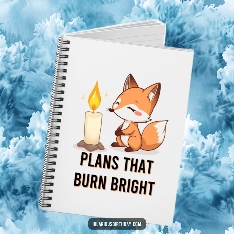 Funny fox birthday notebook with a determined fox aiming with all its might to blow out a large birthday candle.