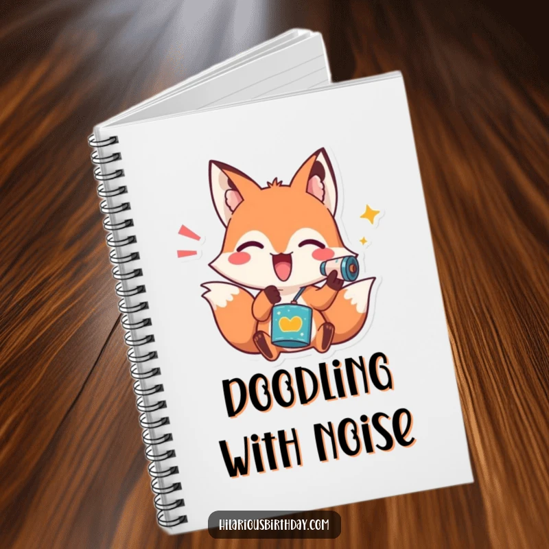 Funny notebook with a playful fox character shaking a noisemaker, ideal for jotting down notes with a fun and energetic flair.
