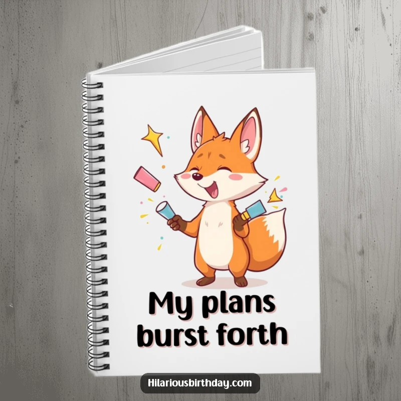 Funny notebook cover with a gleeful fox juggling exploding party poppers, illustrating a humorous and energetic theme.