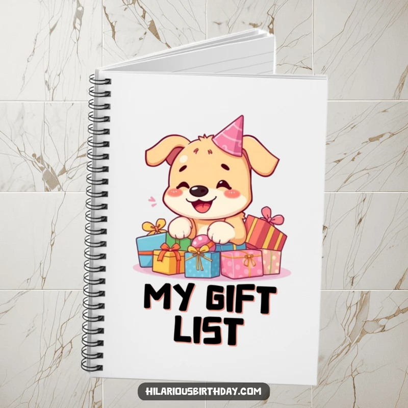 Funny kawaii dog notebook, a happy dog playing with birthday presents, ideal for jotting down thoughts and ideas.