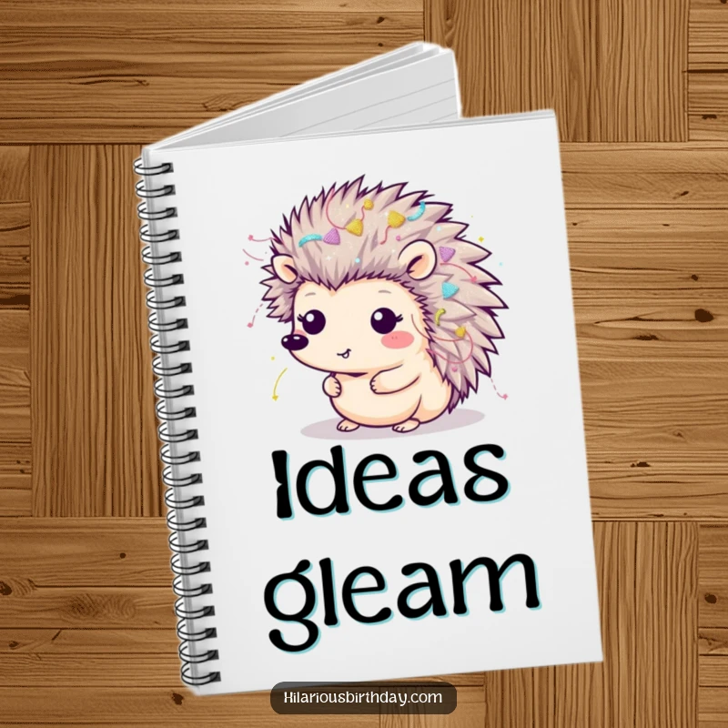 Funny Kawaii hedgehog covered in streamers and glitter on a notebook cover, for jotting down festive ideas.