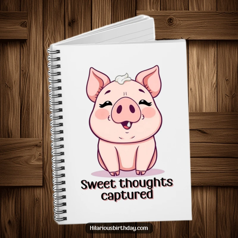 Funny kawaii pig gleefully smudging frosting on its nose, a lined notebook for writing, ideal funny gift.
