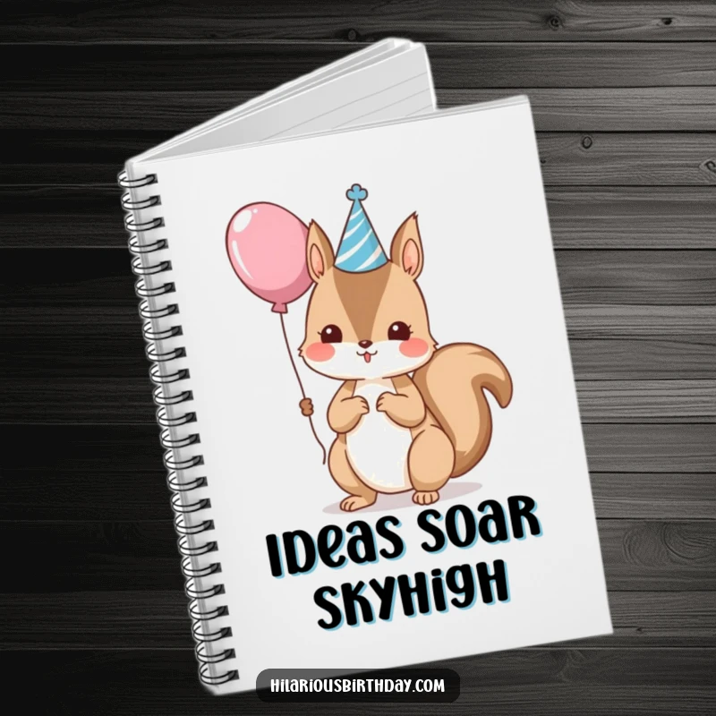 Funny kawaii squirrel wearing a party hat and holding a balloon, a lined notebook, ideal funny gift.