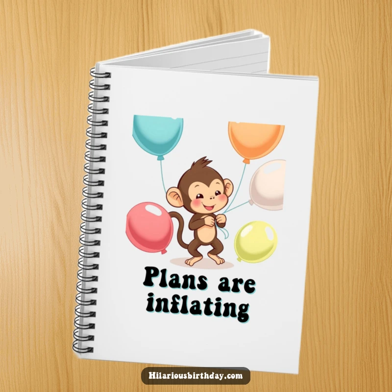 Funny monkey notebook featuring a mischievous monkey attempting to tie balloons, perfect for notes and creative thoughts.