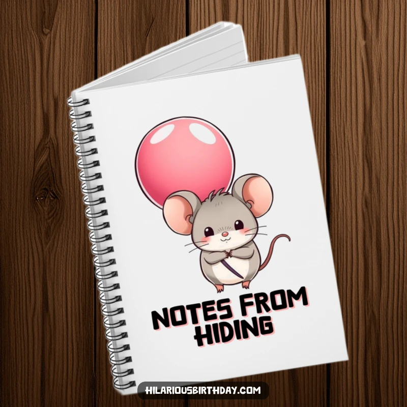 Funny notebook with a round mouse character hiding behind a colorful balloon, ideal for jotting down notes with a playful flair.