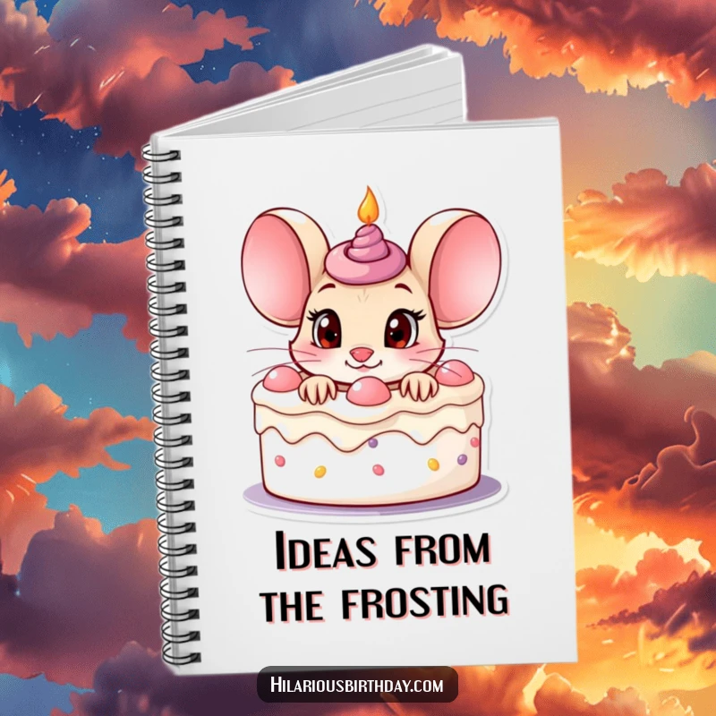 Funny curious mouse character peeking out of a birthday cake with wide eyes, on a notebook cover.