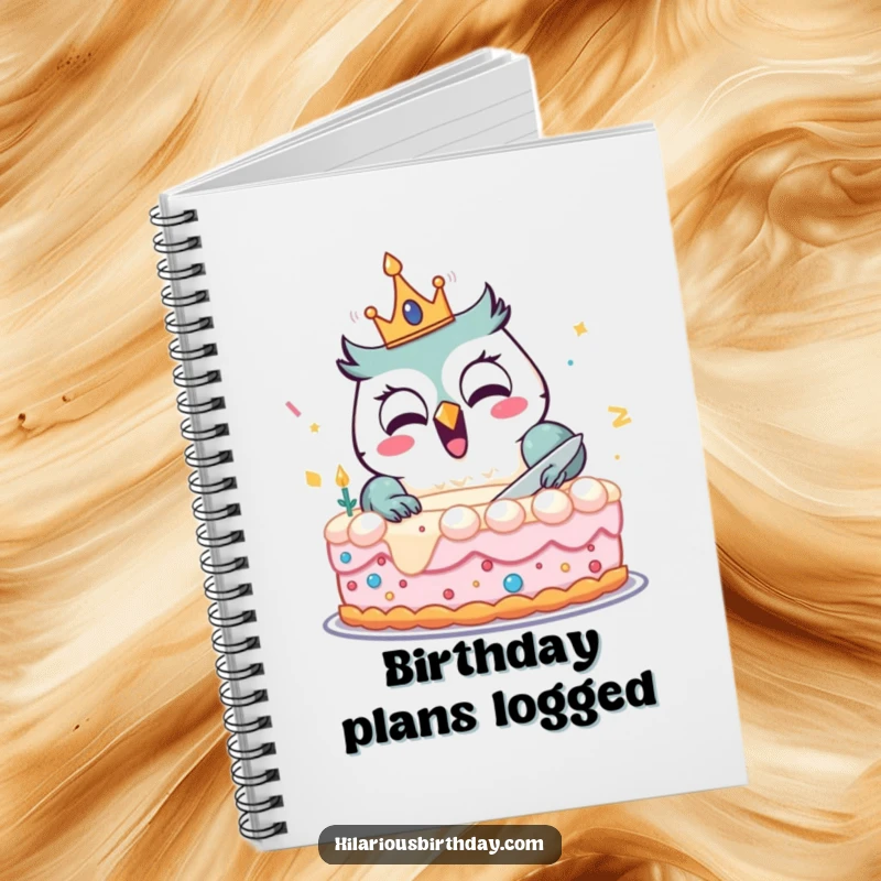 Funny notebook with a delighted owl wearing a birthday crown, perfect for jotting down birthday ideas or party plans.