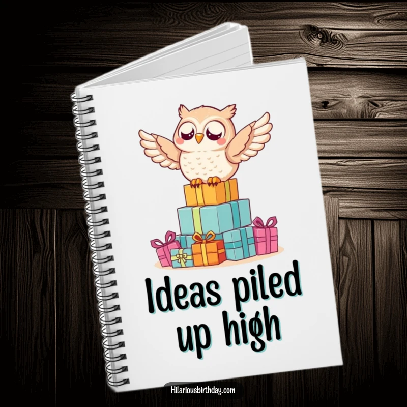 Funny owl notebook with a delighted owl happily riding on a huge pile of beautifully wrapped gifts.