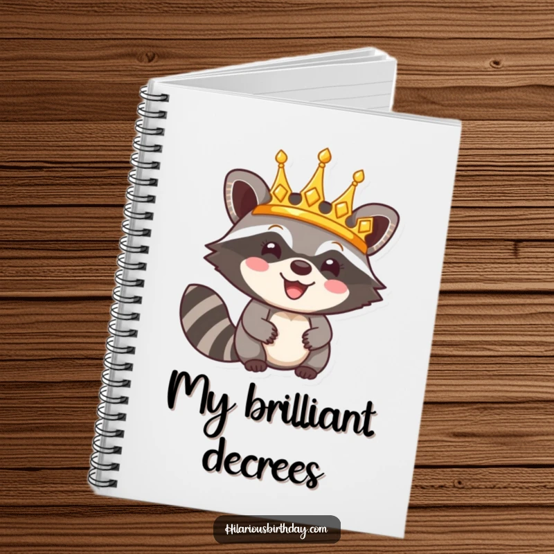 Funny notebook cover with a happy raccoon character triumphantly wearing a shiny golden crown, illustrating a theme of regal fun.