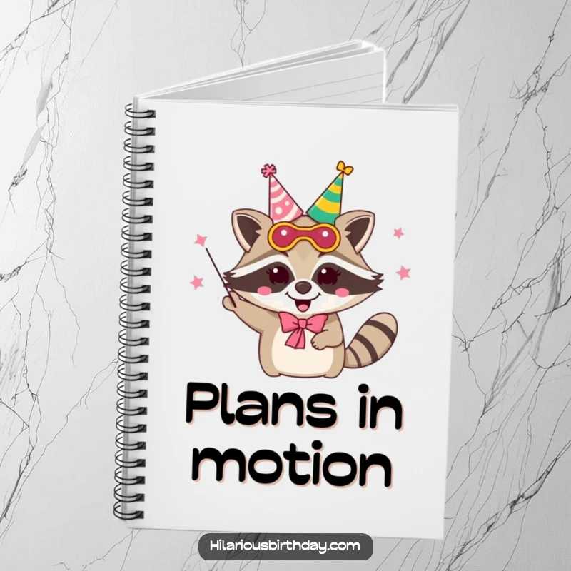 Funny delighted raccoon character wearing a party mask and juggling party hats, on a notebook cover.