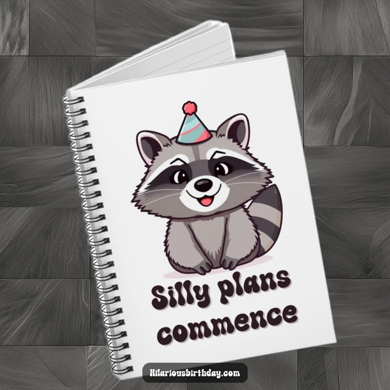 Funny raccoon notebook with a beaming raccoon wearing a ridiculous party hat, looking ready for fun.