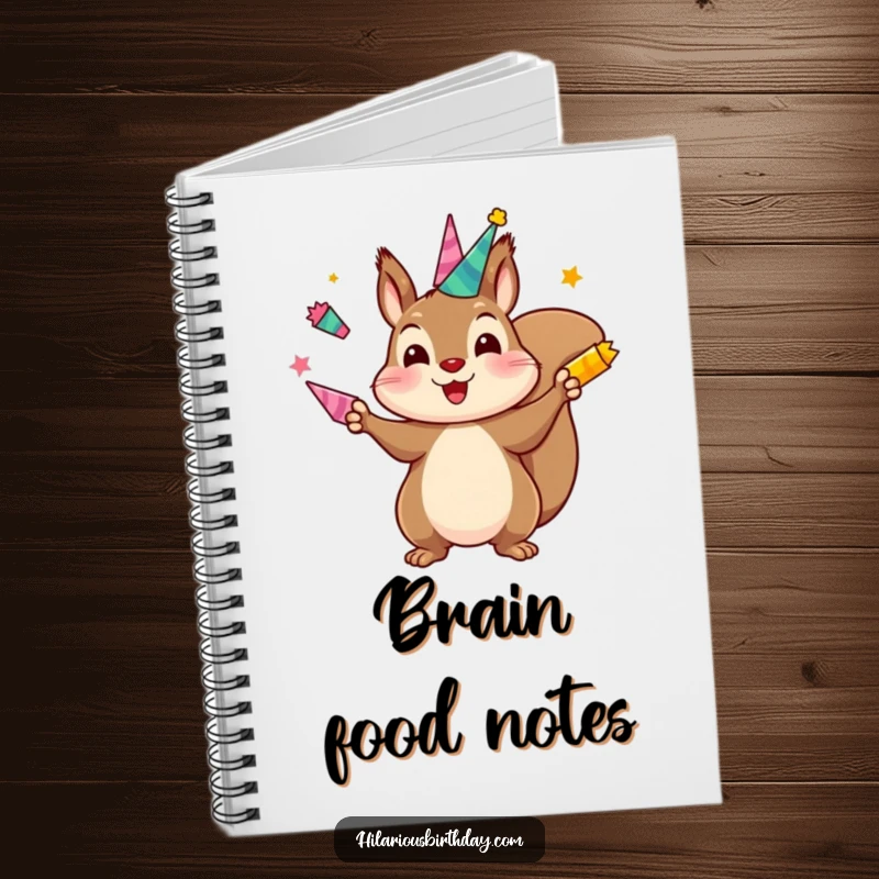Funny notebook featuring a kawaii squirrel character juggling brightly colored party horns, perfect for jotting down ideas and humorous thoughts.