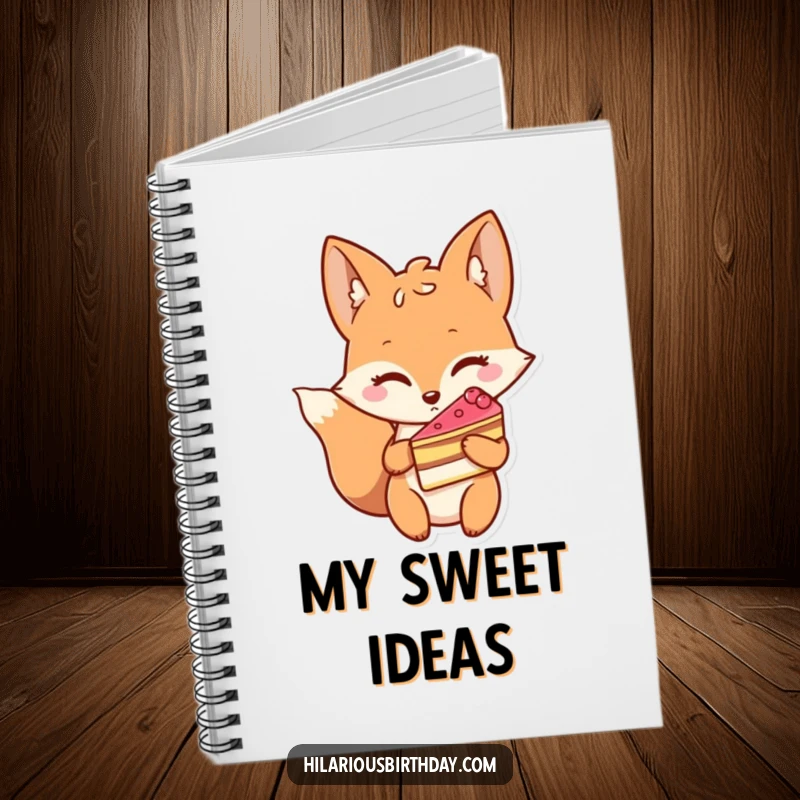 Funny notebook featuring a winking fox character holding a slice of cake, perfect for jotting down sweet ideas.