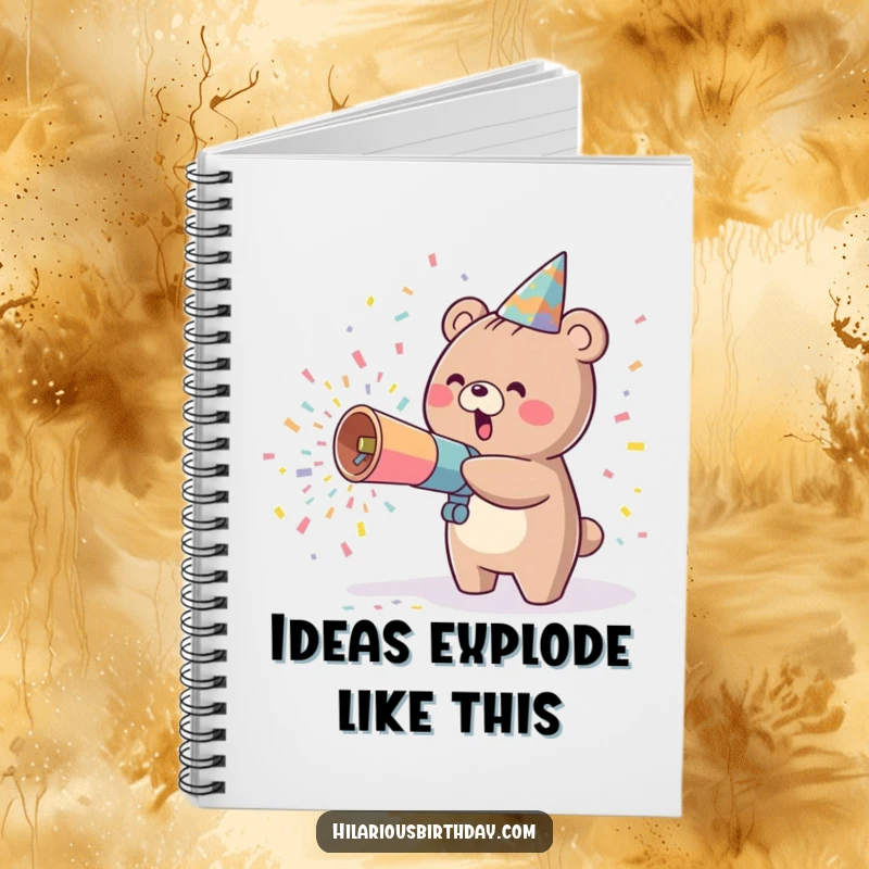 Funny kawaii bear character excitedly throwing confetti from a party cannon on a notebook cover, ready for notes.