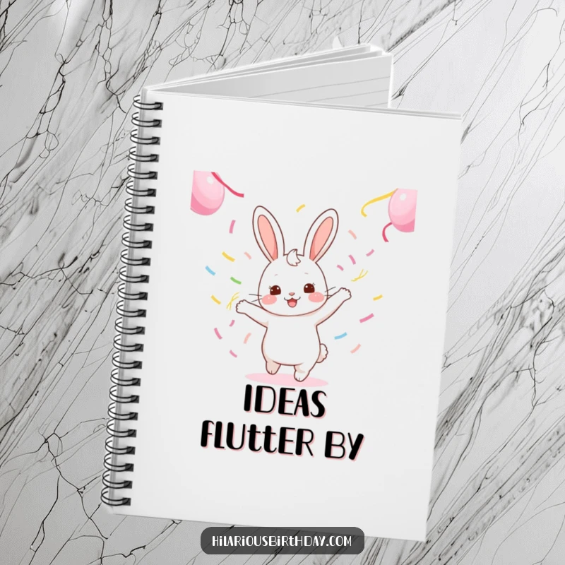 Funny kawaii rabbit character gleefully dancing with streamers on a notebook cover, ready for notes.
