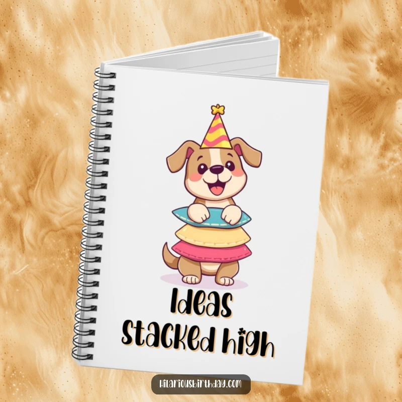 Funny notebook cover with a dog character balancing party hats, encouraging playful note-taking and creative planning.