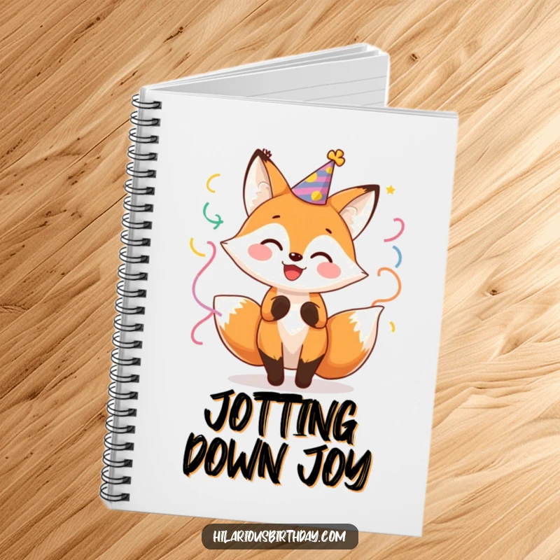 Funny Fox Party Notebook: Cheerful fox character in a party hat, twirling with streamers, for jotting down fun ideas.