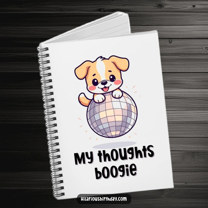 Funny kawaii dog character bouncing on a giant disco ball, featured on the cover of a notebook.