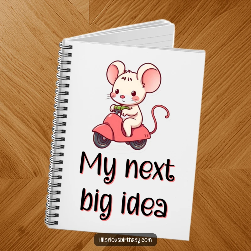 Funny kawaii mouse character riding a small, unwrapping gift on a notebook cover, ready for notes.
