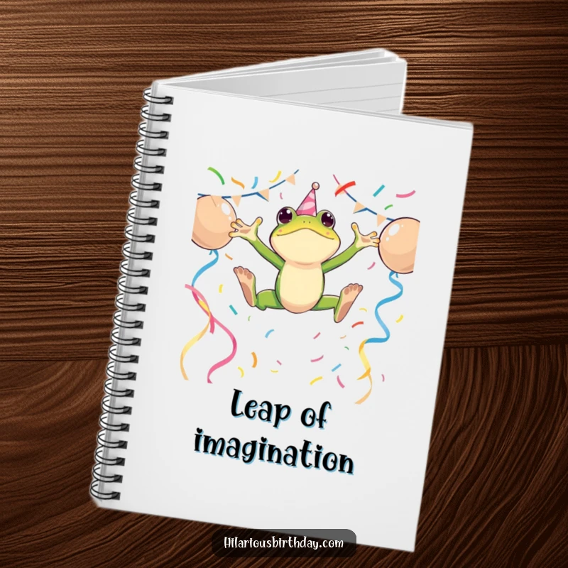 Funny notebook with an energetic frog character leaping over party streamers, ideal for jotting down notes with a lively flair.