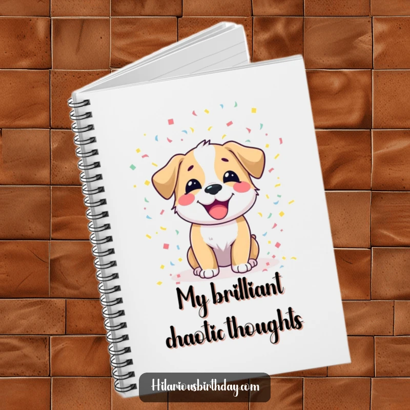 Funny dog notebook with a joyful dog character scattering colorful confetti, perfect for capturing inspired thoughts.