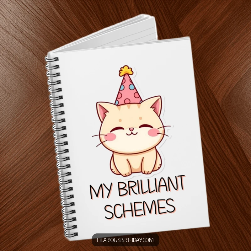 Funny kawaii cat character wearing a silly party hat and winking on a notebook cover, ready for notes.