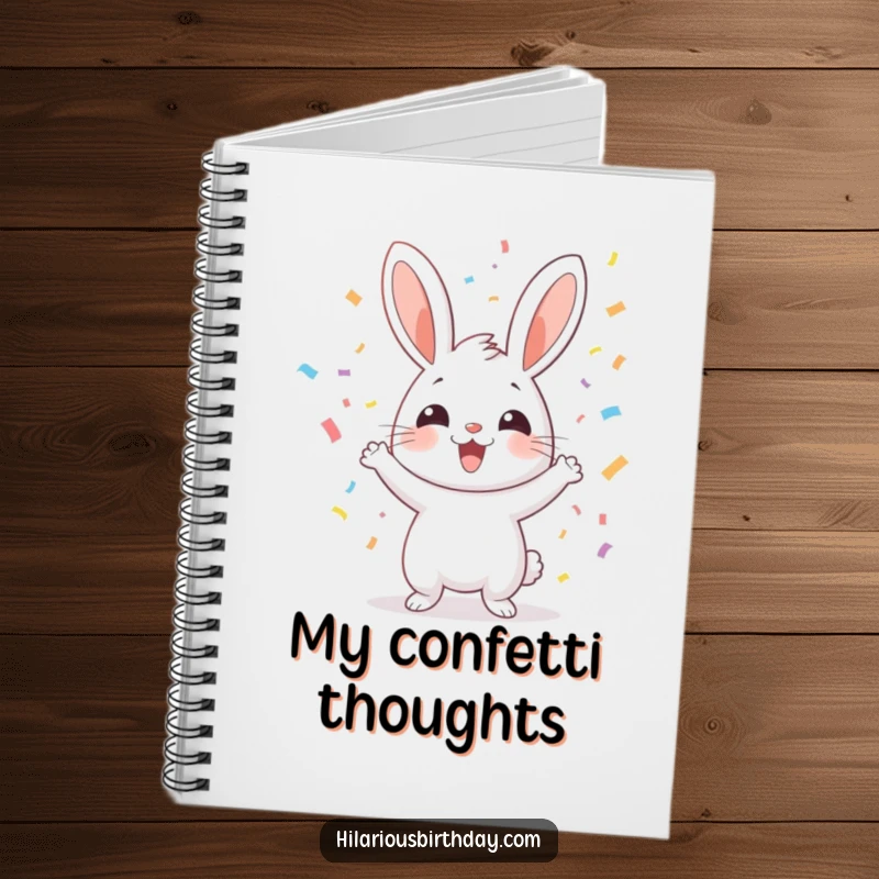 Funny cheerful rabbit tossing confetti, on a notebook, perfect for writing with a funny, celebratory mood.