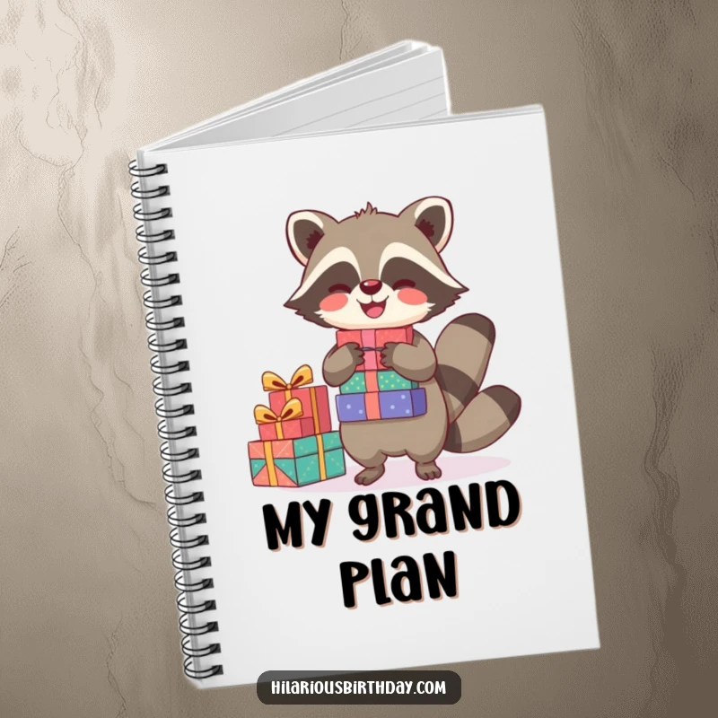 Funny notebook featuring a joyful raccoon character balancing a stack of presents, perfect for jotting down gifting ideas.