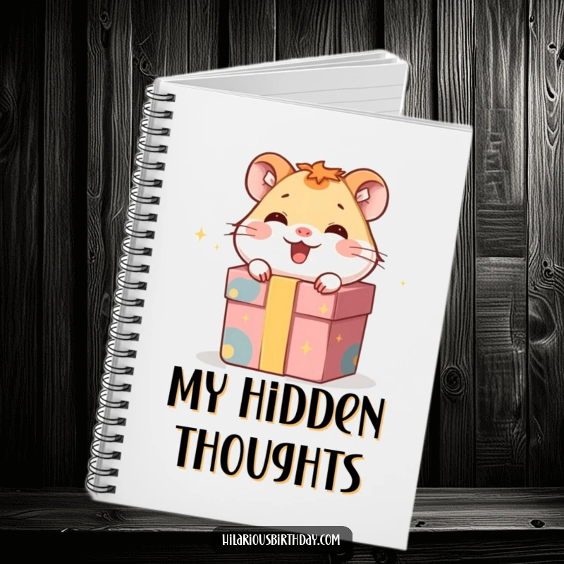 Funny notebook featuring a giggling hamster character hiding inside a gift box, perfect for jotting down bright ideas.