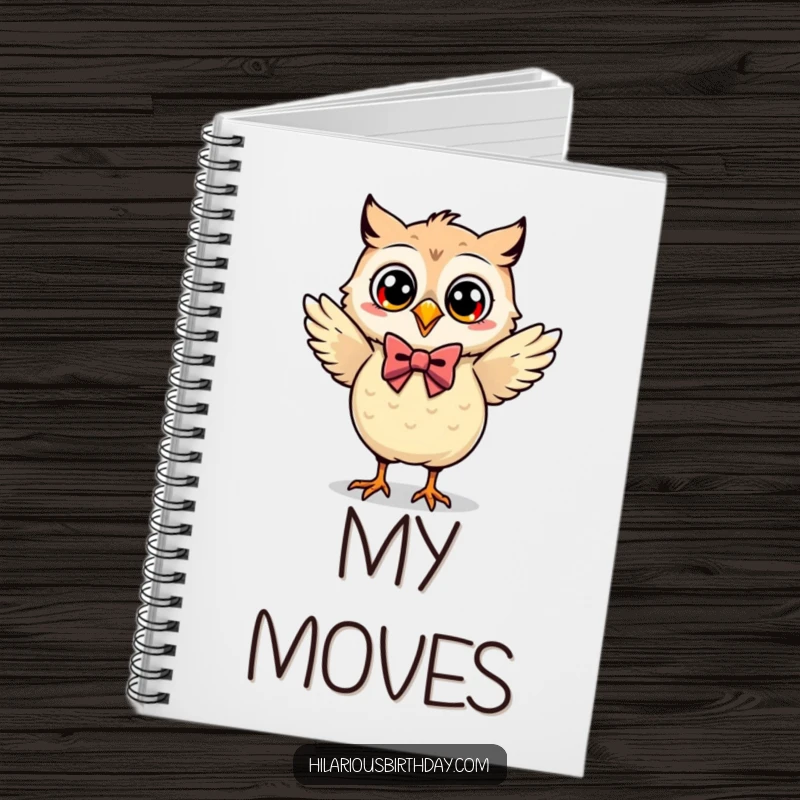 Funny Kawaii owl with a bow tie dancing on a notebook cover, designed for jotting down funny thoughts.
