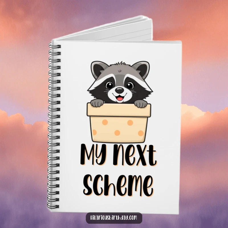 Funny raccoon notebook cover, a masked critter peeking out of a gift box. Ideal for journaling and notes.