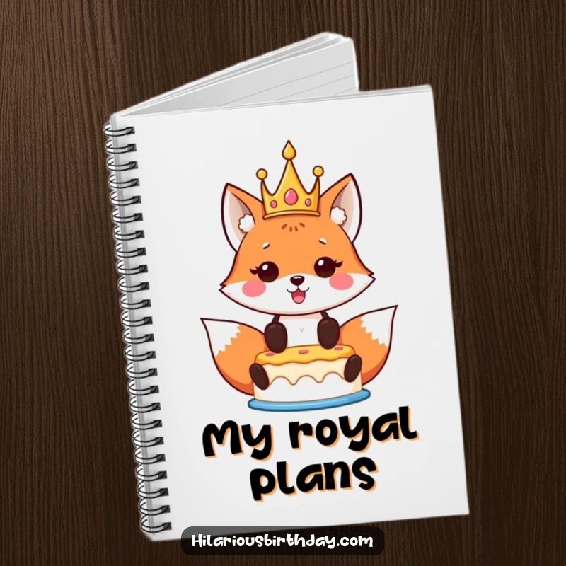 Funny Kawaii Fox Birthday Notebook with a cover featuring a crowned kawaii fox proudly holding a birthday cake aloft, inspiring celebratory thoughts.