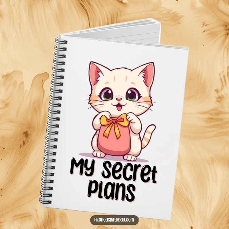 Funny kawaii cat notebook, a wide-eyed cat shaking a gift bag, ideal for jotting down ideas and notes.