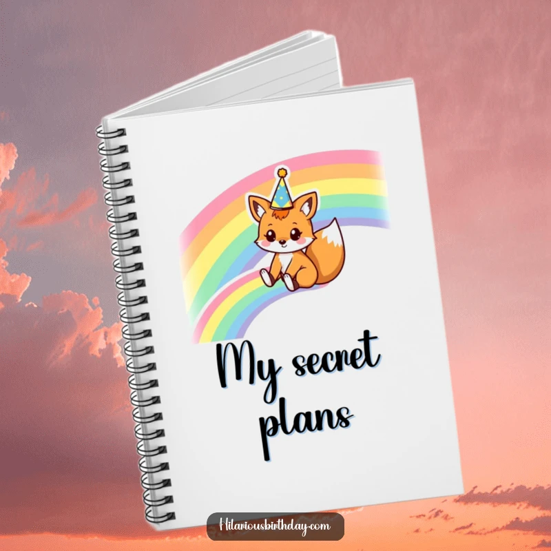 Funny notebook featuring a kawaii fox character sliding down a rainbow wearing a party crown, perfect for jotting down ideas and whimsical thoughts.