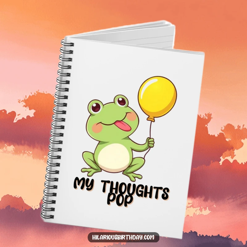 Funny notebook featuring a kawaii frog character happily popping a balloon with its tongue, perfect for noting down ideas and humorous thoughts.