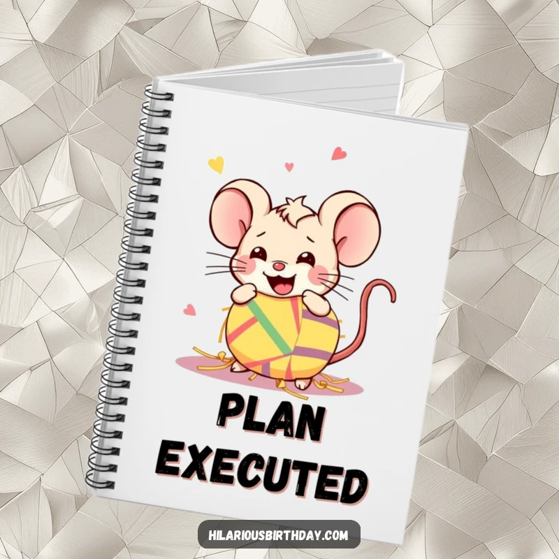 Funny Kawaii mouse joyfully smashing a piñata on a notebook cover, for creative and funny notes.