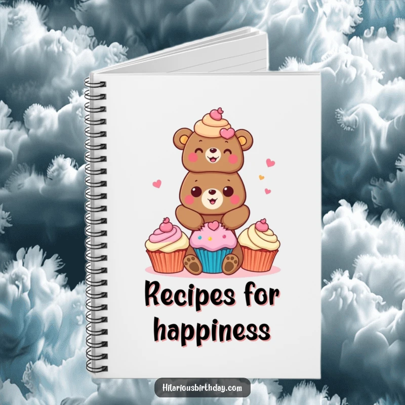 Funny bear notebook with a cheerful bear character stacking brightly colored cupcakes, ideal for recipe writing.