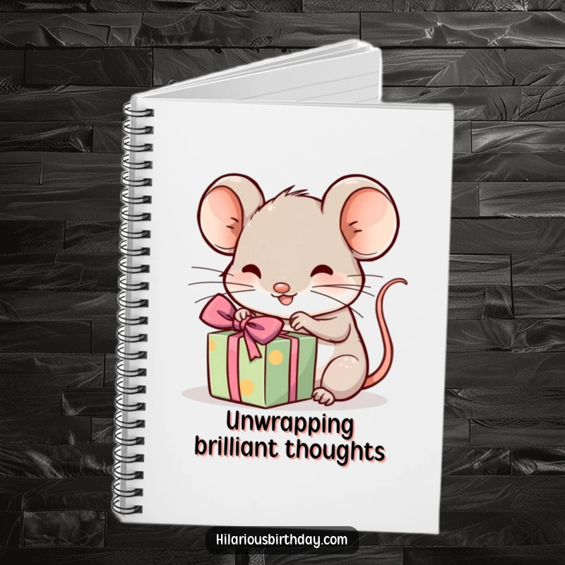 Funny kawaii mouse excitedly unwrapping a tiny, wrapped gift, a lined notebook, ideal funny gift.
