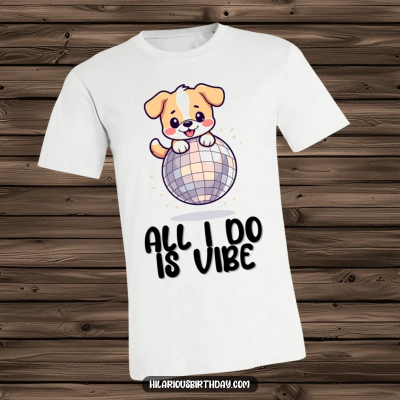 Funny kawaii dog character having fun bouncing on a huge disco ball, ideal for a fun t-shirt.
