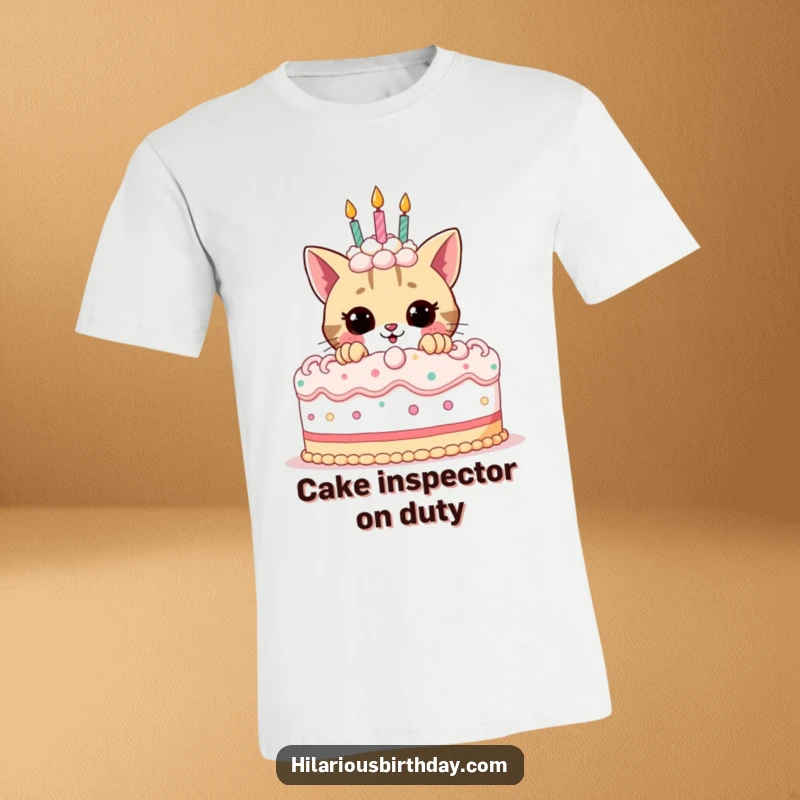 Funny birthday t-shirt with an adorable cat peeking from behind a huge, festive birthday cake, radiating playful energy and joy.