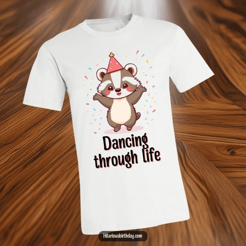Funny t-shirt showcasing a cute badger wearing a sparkly hat, dancing enthusiastically amongst confetti, perfect for festive fun.