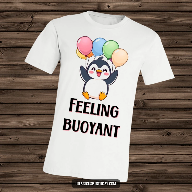Funny t-shirt depicting a cheerful Kawaii penguin character excitedly holding a bunch of colorful balloons, radiating adorable happiness.