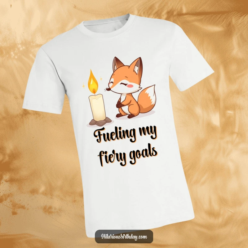 Funny fox birthday t-shirt with a determined fox giving its all to blow out a very large birthday candle.