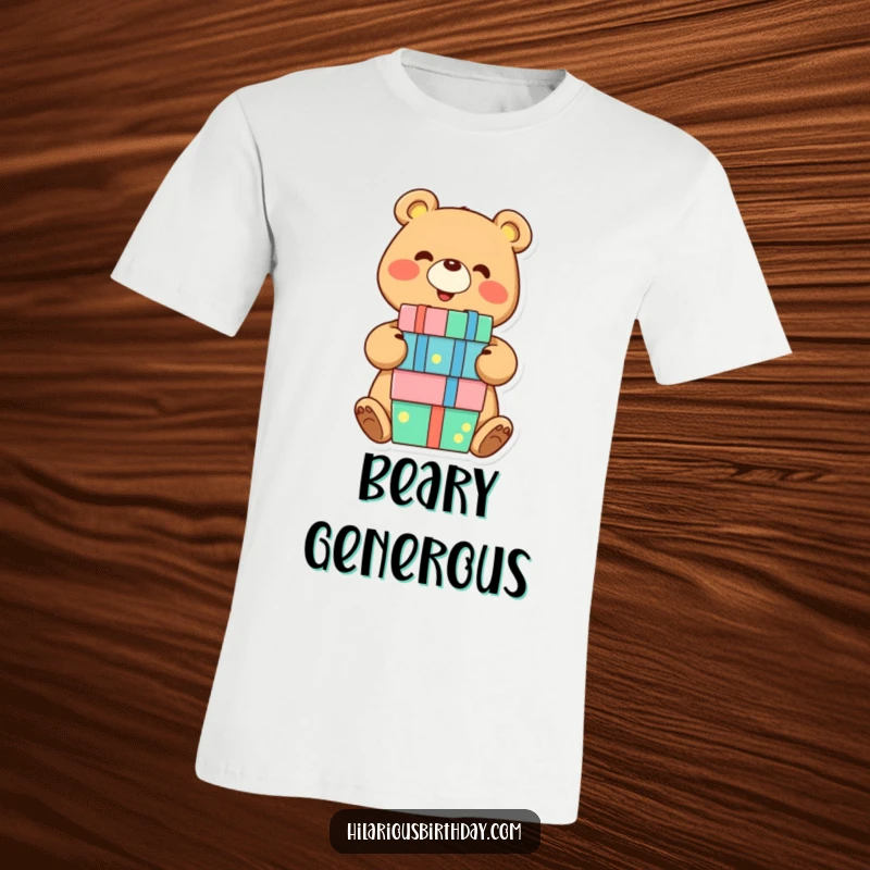 Funny t-shirt featuring a smiling bear character joyfully balancing a stack of presents, a cheerful and humorous design for gift-givers.