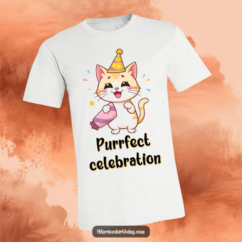 Funny t-shirt with a happy cat wearing a festive birthday hat, enthusiastically setting off a giant party popper with a shower of confetti.