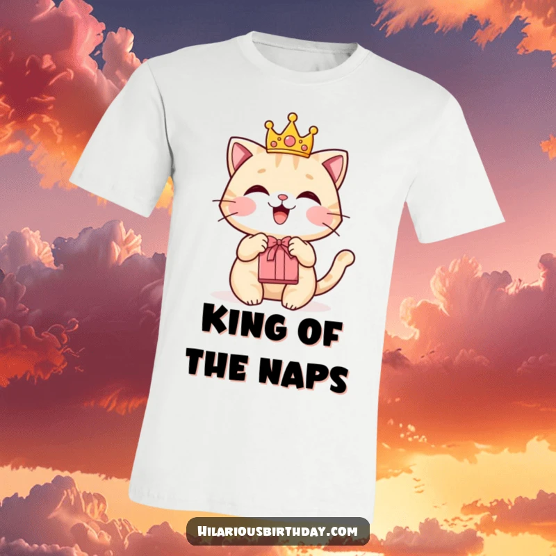 Funny t-shirt depicting a delighted cat wearing a tiny crown and holding a gift bag.