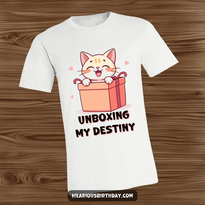 Funny cat t-shirt showcasing a delighted cat character eagerly opening a large gift box, expressing pure excitement.