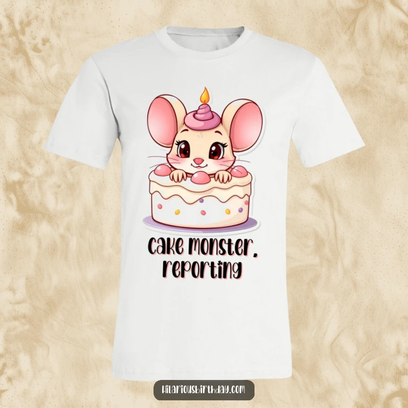 Funny curious mouse character peeking out of a birthday cake with wide eyes, printed on a soft t-shirt.