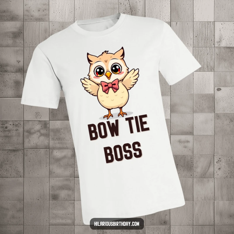 Funny Kawaii owl in a bow tie doing a happy dance, printed on a t-shirt, great for a funny gift tee.
