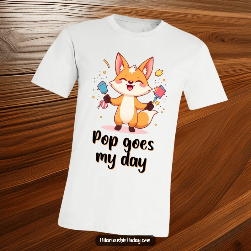 Funny gleeful fox character juggling exploding party poppers on this humorous t-shirt, bringing explosive fun, a great funny gift.